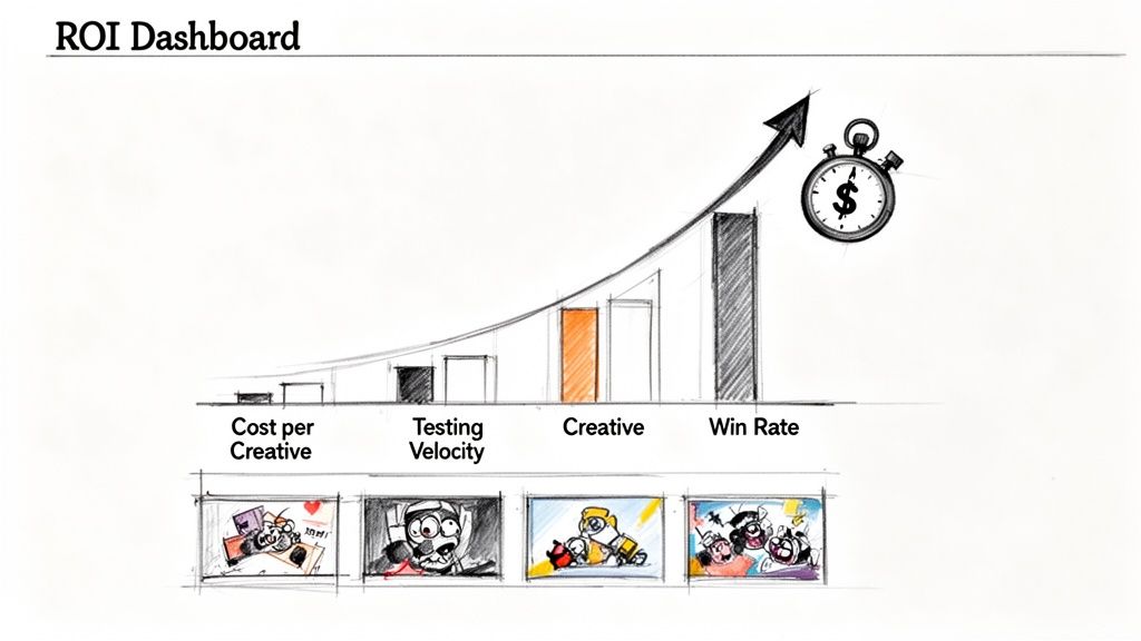 Sketch of an ROI dashboard, showing a bar chart of creative performance metrics and visual examples.