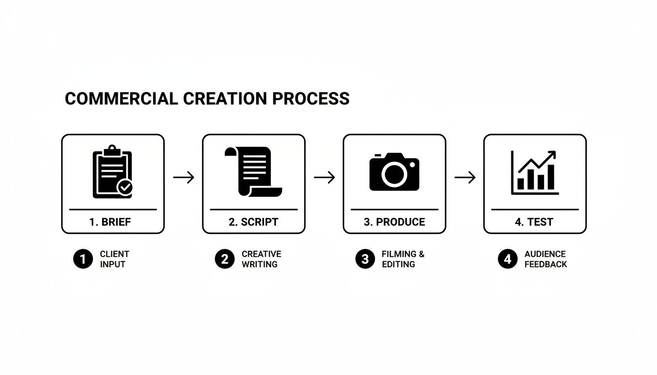 An infographic outlining the four-step commercial creation process: brief, script, produce, and test.