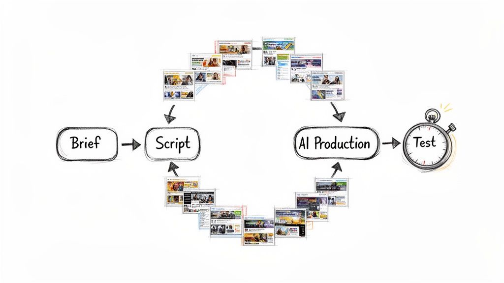 A diagram showing a creative production workflow: Brief, Script, AI Production, and Test, with a feedback loop.
