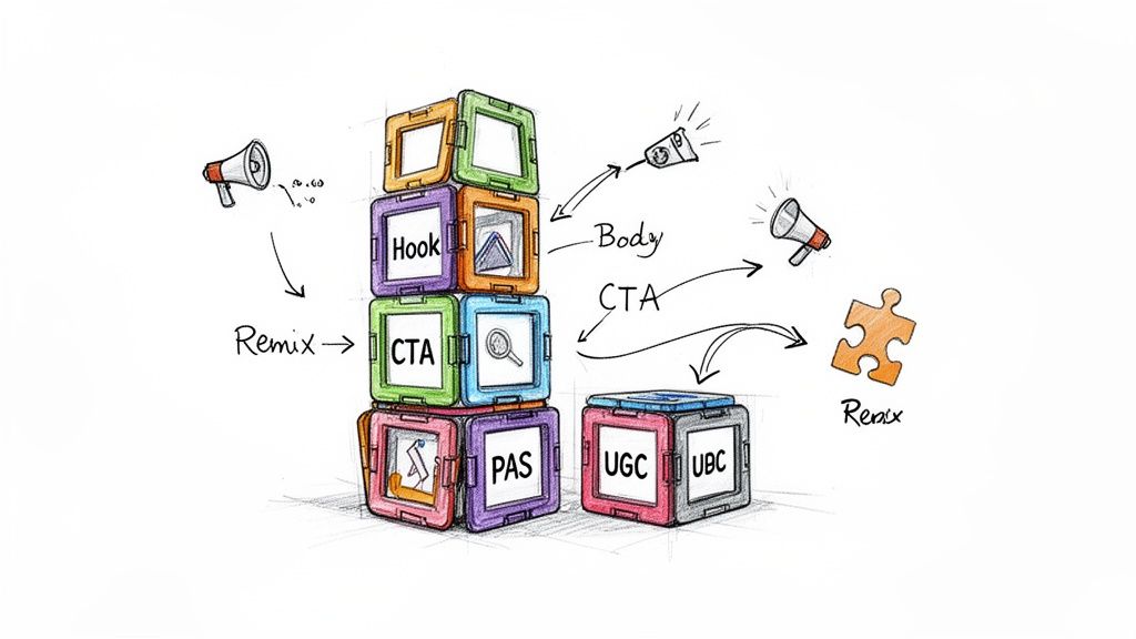 Illustration of magnetic content blocks labeled Hook, CTA, PAS, UGC, UBC for building a marketing strategy.