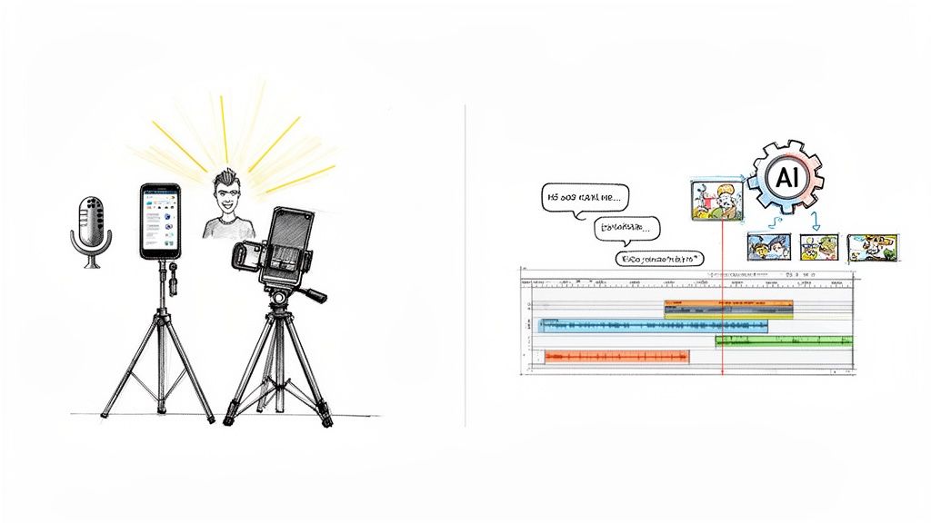 A diagram illustrates content creation with recording gear and an AI-powered video editing workflow.