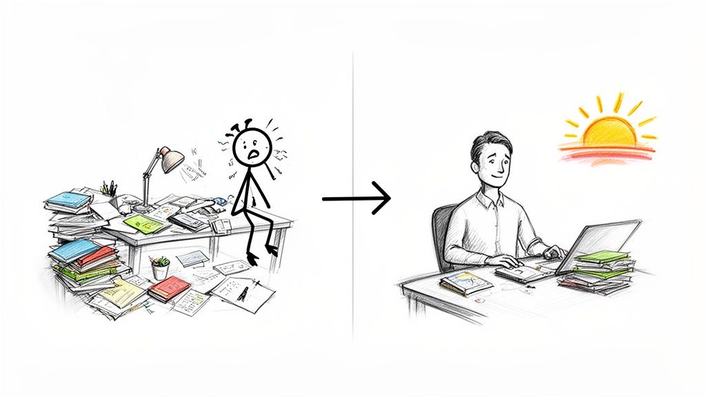 A stick figure stressed by a messy desk transitions to a calm person at an organized desk with a laptop.
