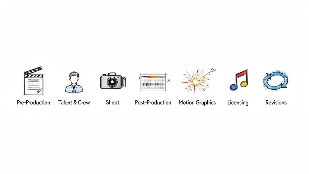 A visual timeline of video production steps including pre-production, shoot, post-production, and revisions.