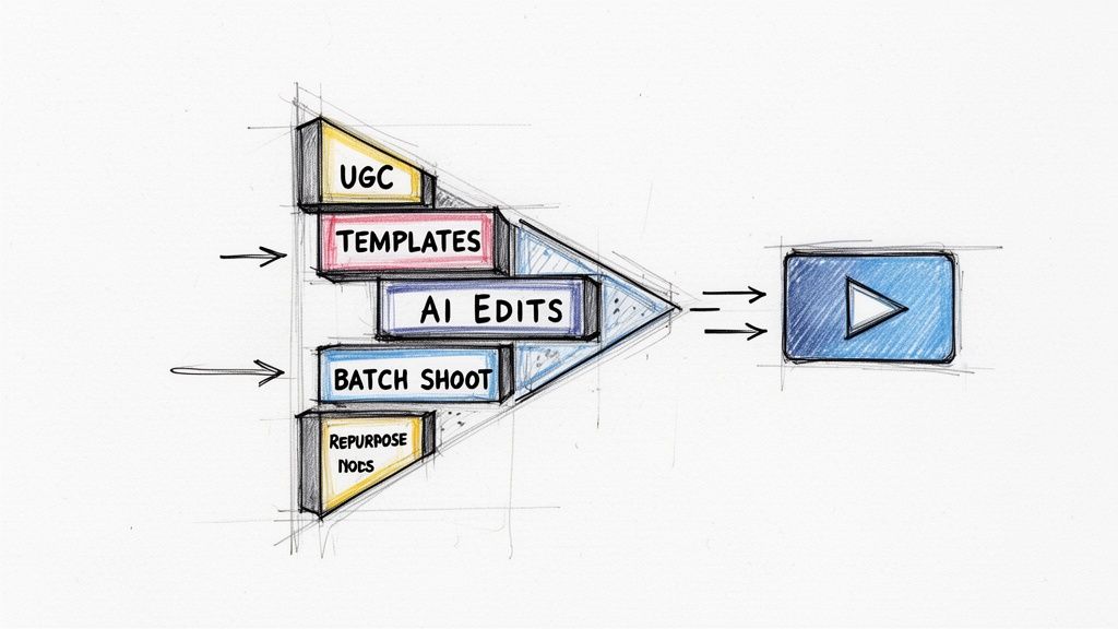 A diagram illustrating inputs like UGC, templates, AI edits, and batch shoots leading to a video output.