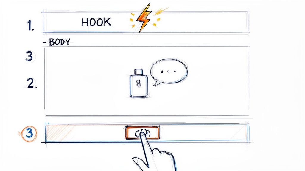 Storyboard sketch outlining video ad structure: Hook, Body with product, and a finger pressing a call-to-action.