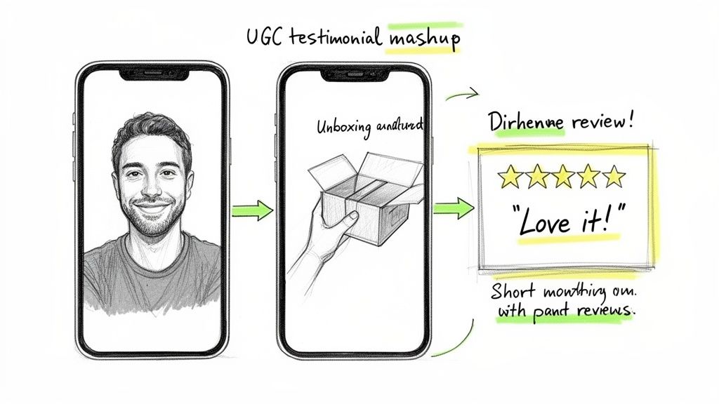 Diagram showing a UGC testimonial flow: a smiling man, unboxing a product, and a 5-star review.