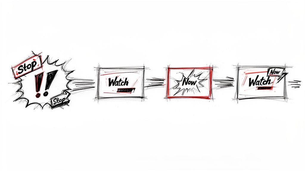 Hand-drawn comic strip illustrating a call to action progression from 'Stop' to 'Watch Now'.