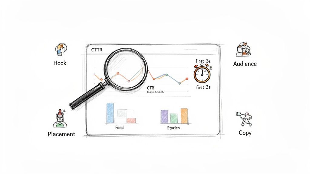 Diagram showing key elements like hook, audience, placement, and copy, analyzed for click-through rate optimization.