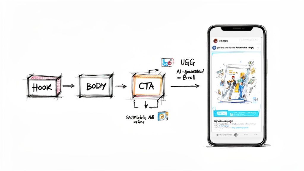 Flowchart illustrating a digital ad strategy from Hook to CTA, generating AI broll and smart mobile ads on a smartphone.