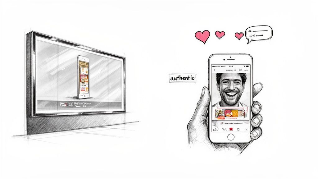A sketch comparing a large digital billboard advertisement with a hand holding a smartphone displaying authentic user content.