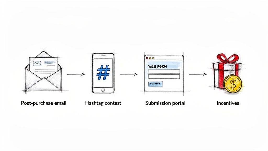 A flow chart showing a user-generated content strategy: post-purchase email, hashtag contest, submission portal, and incentives.