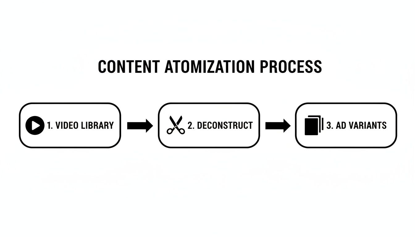 Flowchart illustrating the content atomization process, from video library to ad variants.