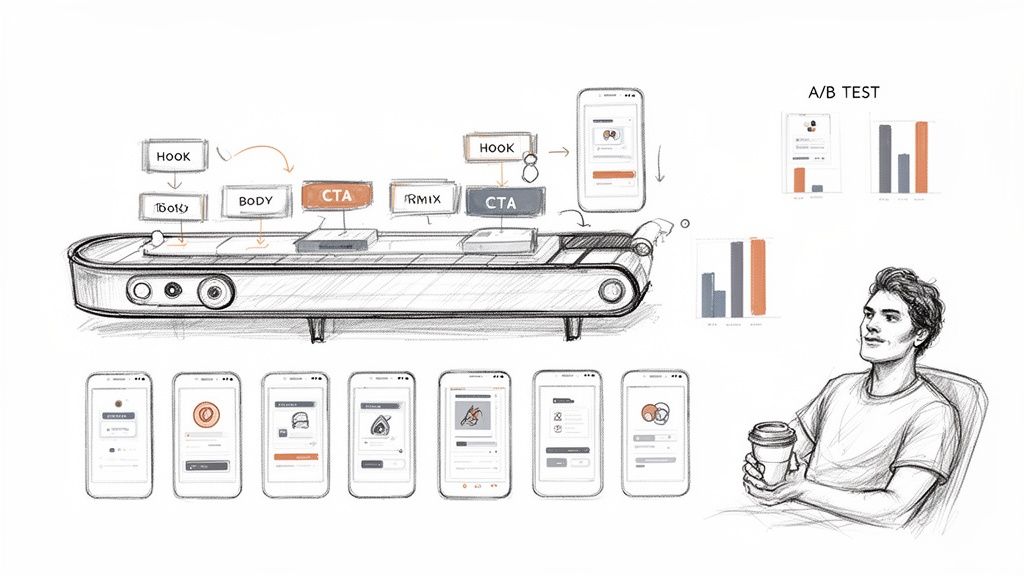 Sketch illustrating a content optimization process with a conveyor belt, mobile app screens, A/B testing charts, and a person.