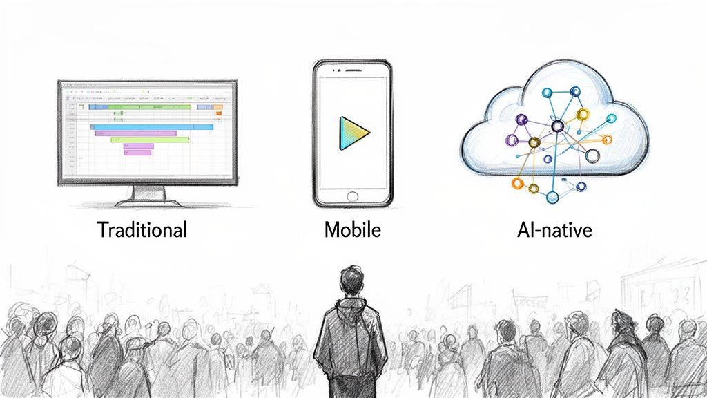 Diagram illustrating the evolution of software from traditional desktop to mobile and AI-native solutions.