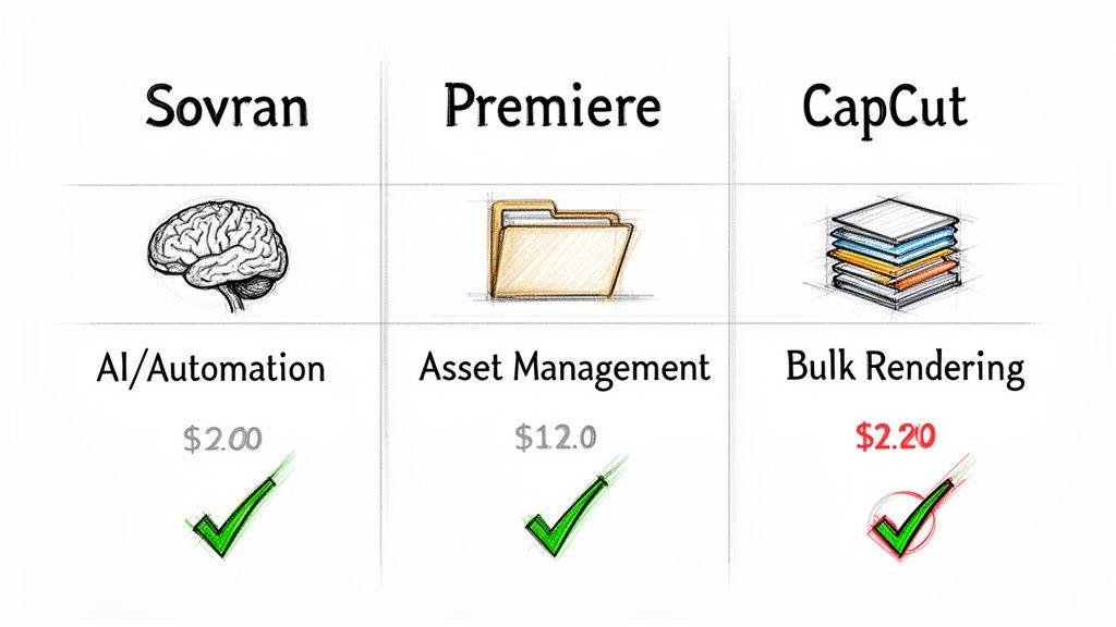 Comparison table of video production software: Sovran, Premiere, and CapCut, highlighting features and costs.