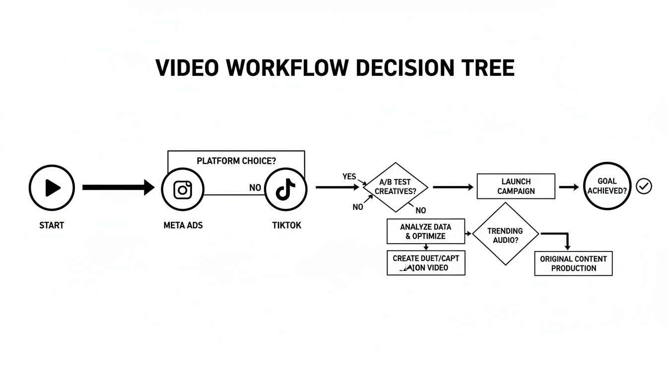 Video workflow decision tree illustrating steps for Meta Ads or TikTok campaign optimization.