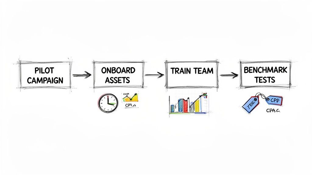 A hand-drawn flowchart illustrates a four-step business process: Pilot Campaign, Onboard Assets, Train Team, Benchmark Tests.