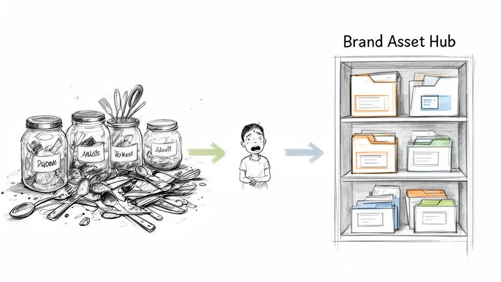A visual metaphor showing disorganized assets (jars, cutlery), a distressed child, and then an organized Brand Asset Hub.