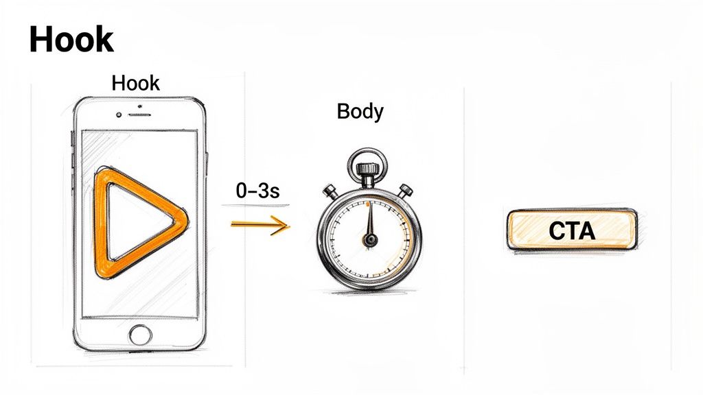 Diagram showing video ad structure with a phone (Hook), stopwatch (Body 0-3s), and CTA button.