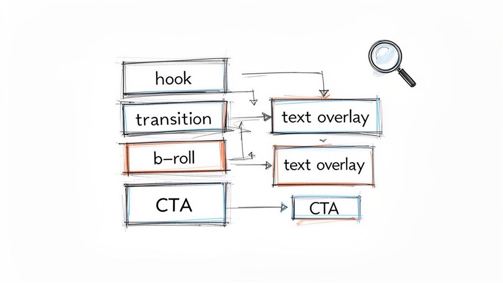 Hand-drawn diagram showing video marketing structure: hook, transition, b-roll, text overlay, and call to action.