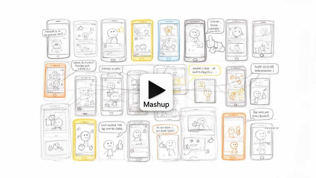 Hand-drawn illustration of interconnected mobile app screens featuring stick figures and a 'Mashup' video button.