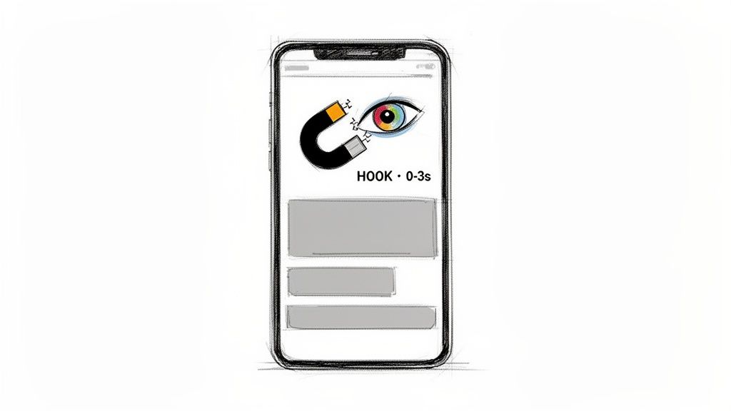 A sketched smartphone screen shows a magnet attracting a colorful eye, with text 'HOOK • 0-3s' below.