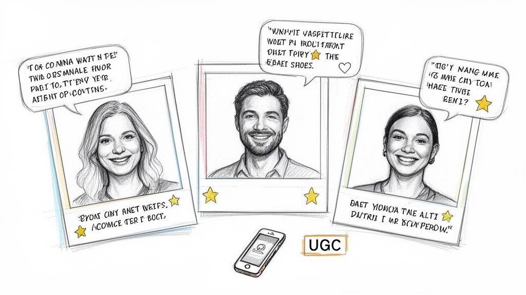 Pencil sketch of three smiling people in polaroid frames with speech bubbles, stars, and 'UGC' text.