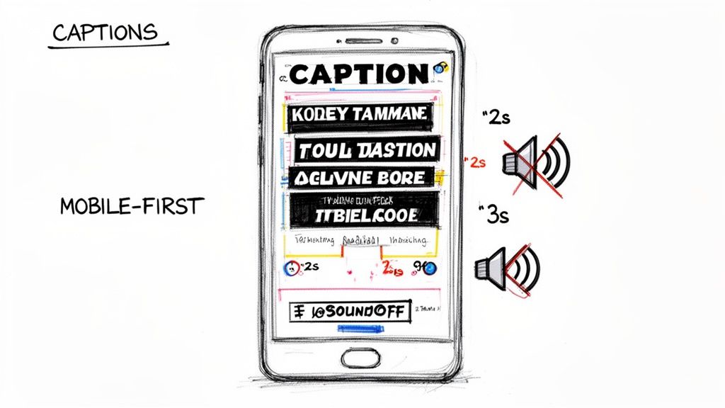 A mobile phone displays captions and sound controls, illustrating mobile-first content strategy.
