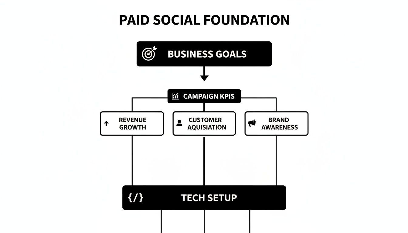 A flowchart detailing the foundation of paid social media, from business goals to tech setup.