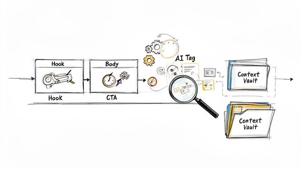 A workflow diagram showing Hook, Body (CTA), AI Tag processing, and storage in Context Vaults.