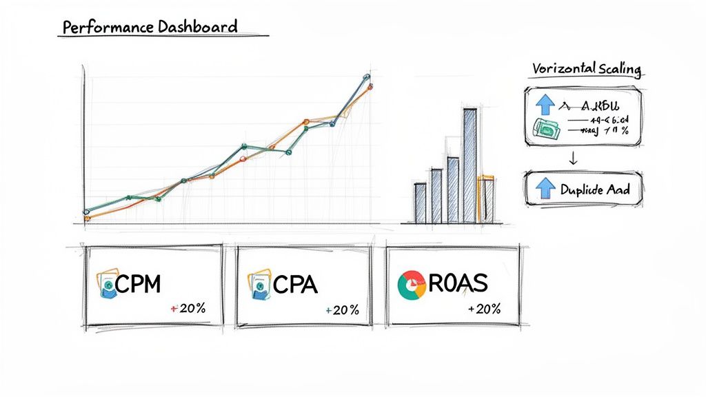 A dashboard sketch showing marketing performance trends, scaling, and metrics like CPM, CPA, and ROAS with 20% growth.