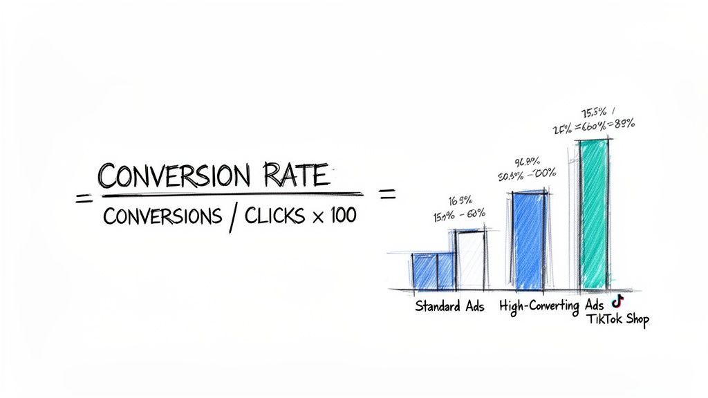 Bar chart illustrating conversion rates for standard ads, high-converting ads, and TikTok Shop, with the conversion rate formula.