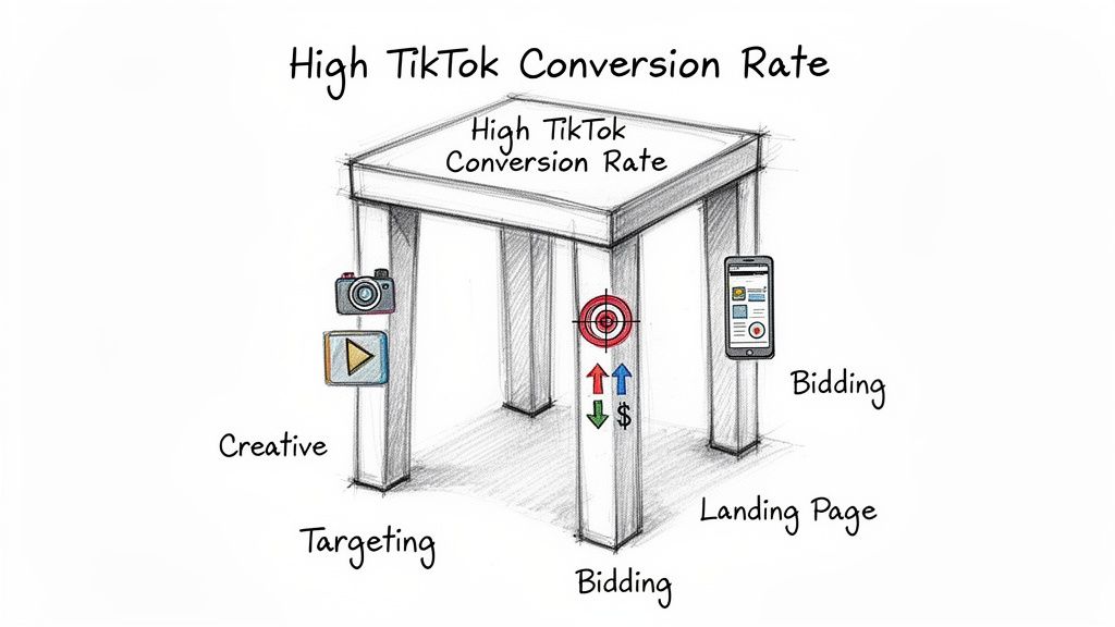 Sketch illustrating a high TikTok conversion rate supported by creative, targeting, bidding, and landing page elements.