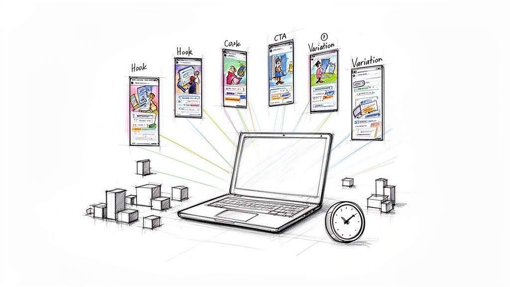 A hand-drawn sketch showing a laptop connected to various mobile ad creatives for conversion rate optimization.