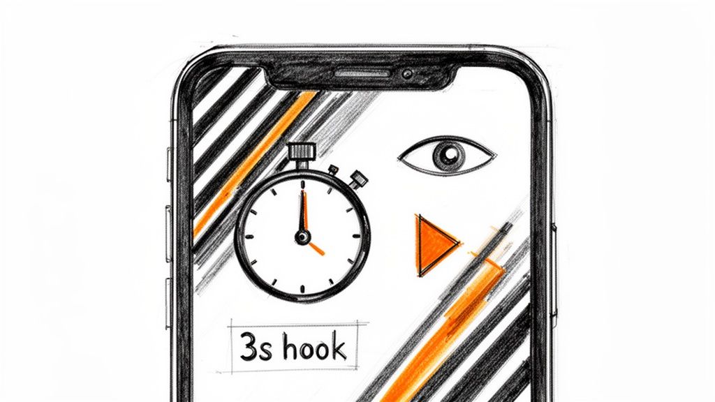 A smartphone screen drawing with a stopwatch, eye, play button, and '3s hook' text.