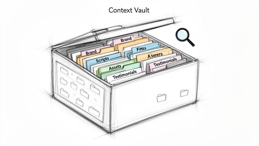 A hand-drawn sketch of an open 'Context Vault' filing box with labeled folders and a magnifying glass.