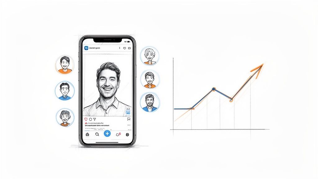 Illustration of social media engagement and user profiles leading to business growth, depicted with a smartphone and an ascending graph.