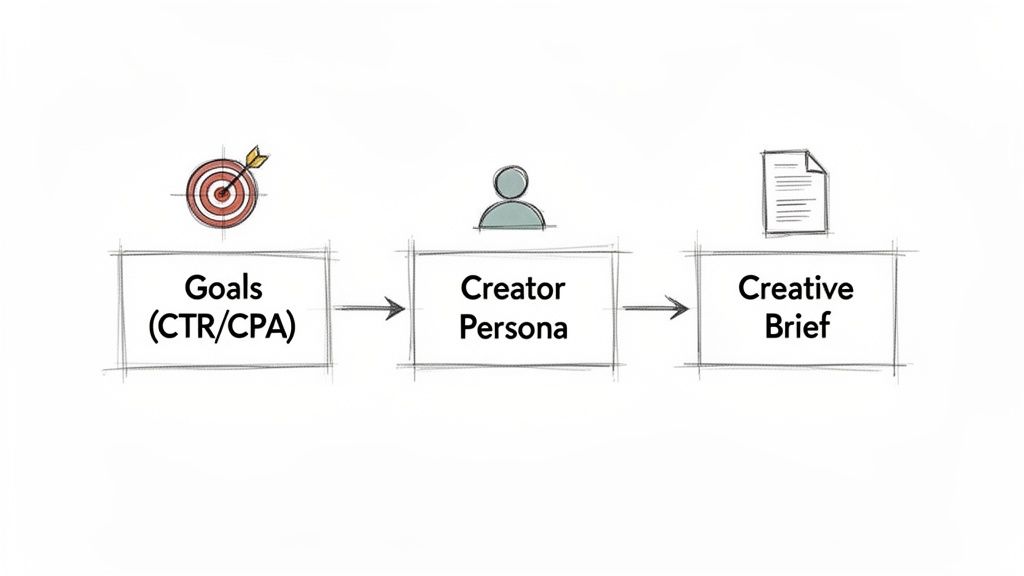 A hand-drawn flowchart illustrates a creative workflow: Goals (CTR/CPA) lead to Creator Persona, then to Creative Brief.