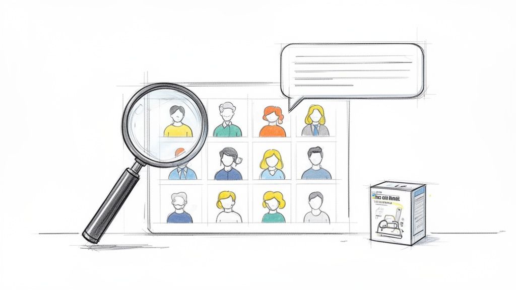 A magnifying glass highlights one profile among many diverse people icons, alongside a product package and speech bubble.