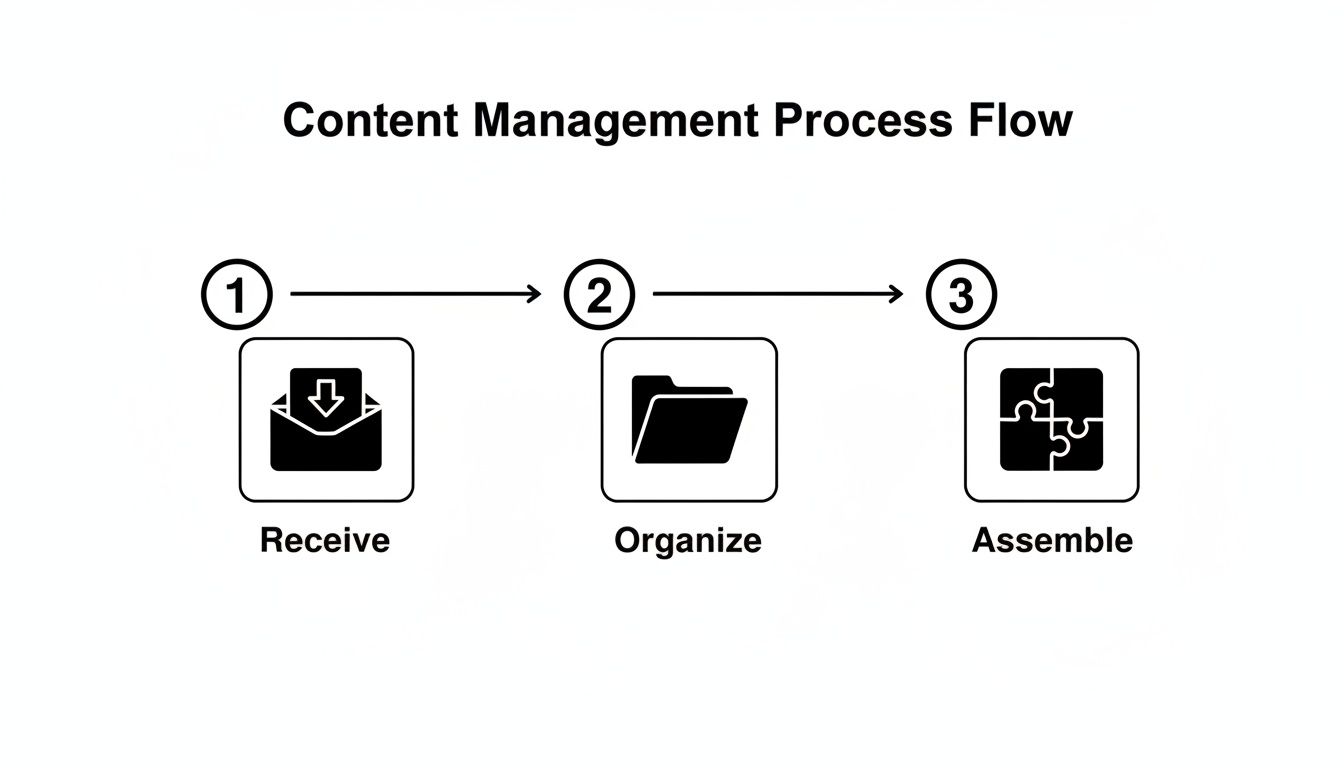 A content management process flow diagram outlining three steps: Receive, Organize, and Assemble, each with an icon.