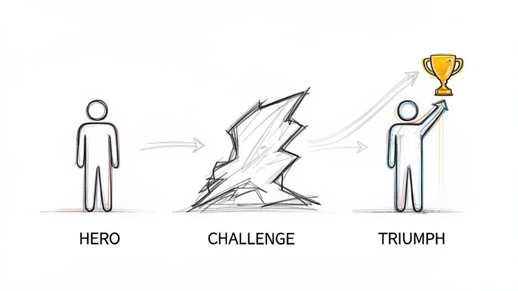 Diagram illustrating a hero facing a challenge and achieving triumph by reaching for a golden trophy.