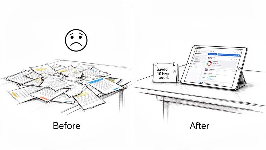 Before and after comparison: a messy desk with papers versus a clean digital workspace with a tablet, showing efficiency.