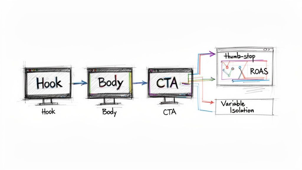 A diagram illustrates an ad creative structure: Hook, Body, and CTA leading to thumb-stop, ROAS, and Variable Isolation.