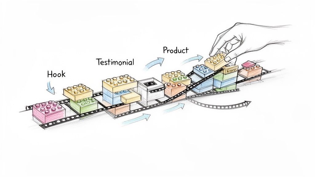 A hand building a sequence of colorful LEGO bricks on a film strip, illustrating a step-by-step process labeled Hook, Testimonial, Product.