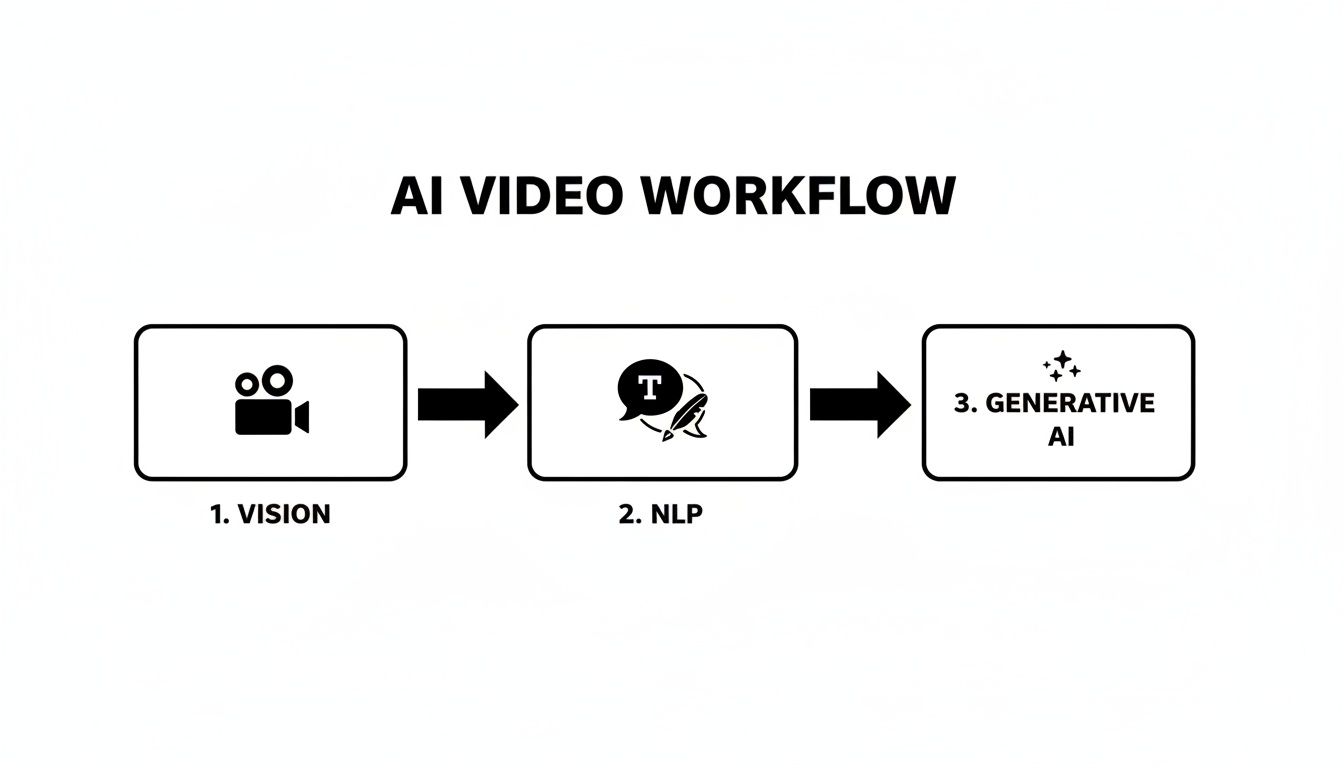 A diagram illustrating the AI video workflow, from vision processing and natural language processing to generative AI.