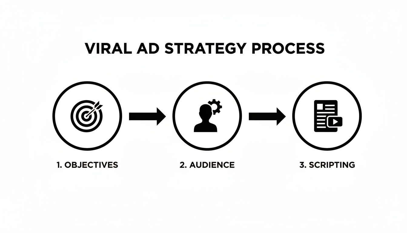 A three-step diagram outlining the viral ad strategy process: Objectives, Audience, and Scripting.