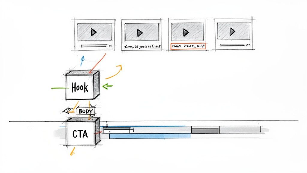 A content strategy diagram with 'Hook', 'Body', and 'CTA' elements linking to video thumbnails and a timeline.