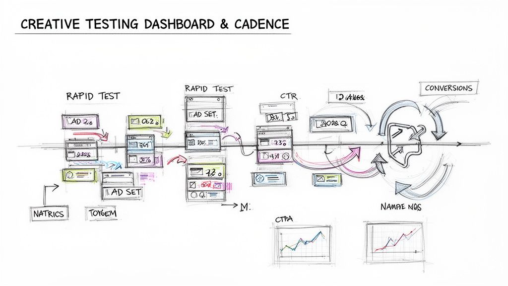Flowchart illustrating a creative testing dashboard and marketing cadence, showing rapid tests, CTR, conversions, and data sources.