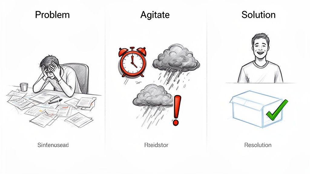 A three-panel illustration showing problem, agitation, and solution stages with corresponding visuals and text.