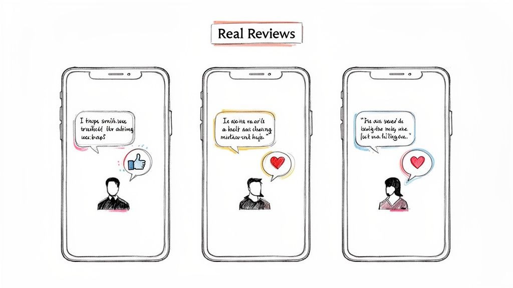 Three hand-drawn smartphones display positive customer reviews with chat bubbles, a thumbs-up, and red hearts.